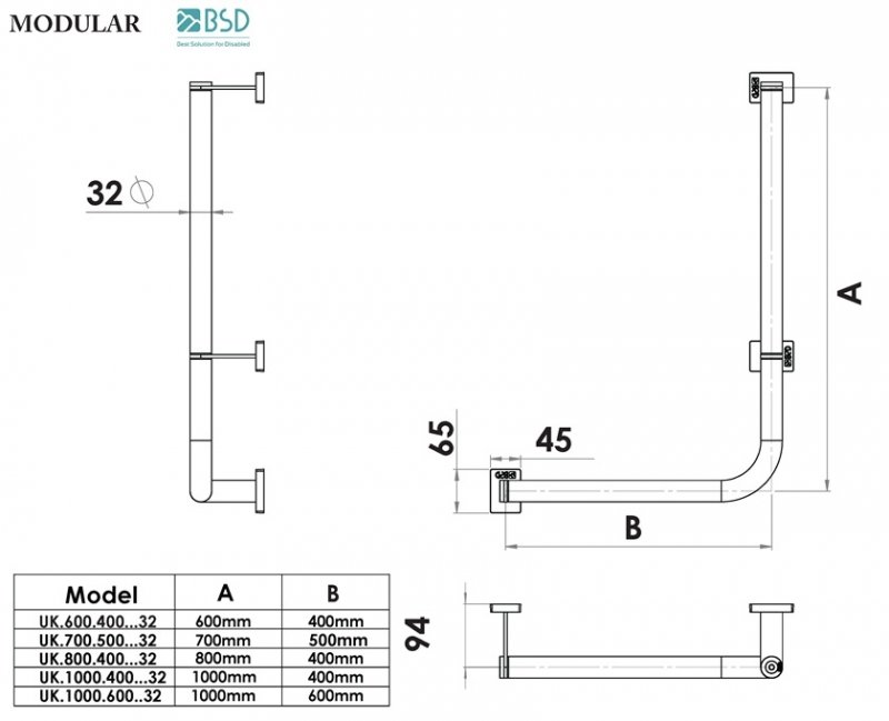 Winkelgriff für barrierefreies Bad 60/40 cm rechts / links montierbar aus rostfreiem Edelstahl ⌀ 32 mm MODULAR