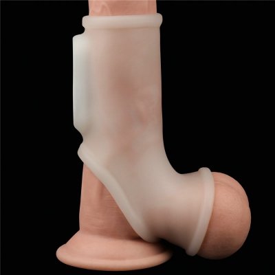 PIERŚCIEŃ NAKŁADKA VIBRATING SILK KNIGHTS RING WITH SCROTUM SLEEVE (WHITE)