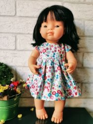 Olimi, sukienka dla lalki Miniland 38cm, turkusowa łączka