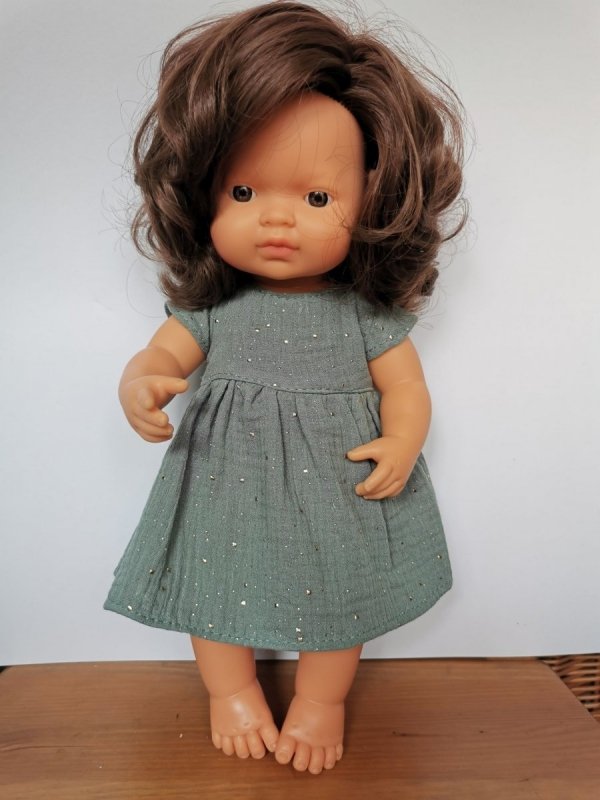 Olimi sukienka z muślinu rozgwieżdżone niebo na szarej mięcie dla lalki Miniland 38cm