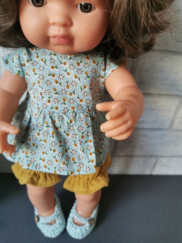 Olimi, tunika z bloomersami na lalkę Miniland, 38cm, mirabelki