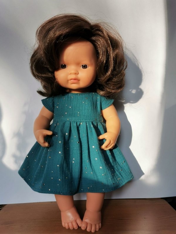 Olimi sukienka z muślinu rozgwieżdżone niebo na ciemnym morskim dla lalki Miniland 38cm