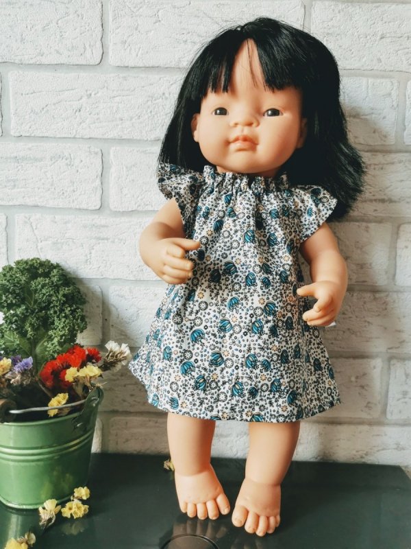 Olimi sukienka dla lalki Miniland 38cm turkusowe kwiatki