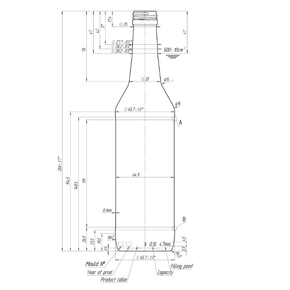 Rysunek techniczny słoika Lieh 500 ml na alkohole, paleta hurtowo elegancka.