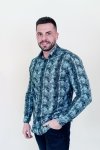 Koszula męska Slim CDR70 - 3D czarna w zielono-beżowy wzór