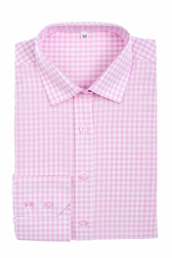 Koszula Damska Slim z długim rękawem - w różowo-białą kratkę