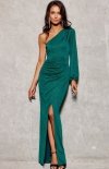 Brokatowa sukienka maxi na jedno ramię zielone 353