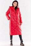 Pikowany długi płaszcz z kapturem czerwony A542-2