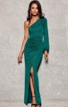 Brokatowa sukienka maxi na jedno ramię zielone 353