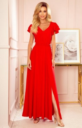 Numoco 310-2 LIDIA długa sukienka z dekoltem i falbankami czerwona 