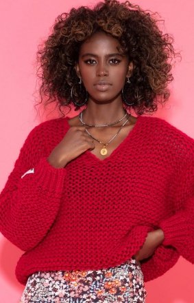 Oversizowy sweter chunky knit czerwony F1379