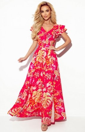 Numoco 310-4 LIDIA długa sukienka z dekoltem i falbankami różowa w kwiaty 
