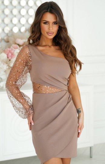 Bicotone mini sukienka cekinowa na jedno ramię camel