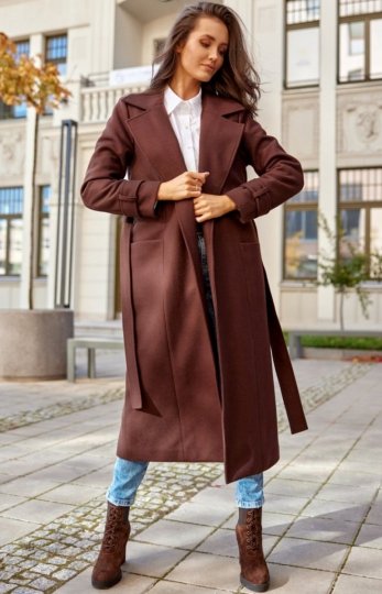 Długi płaszcz z wiązaniem brązowy 0017
