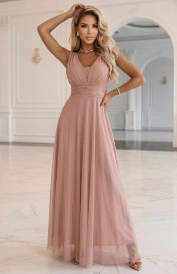 Numoco 637-7 długa sukienka maxi z brokatowym akcentem i głębokim dekoltem 