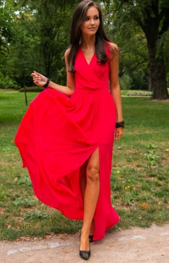 Elegancka szyfonowa sukienka koralowa 0213