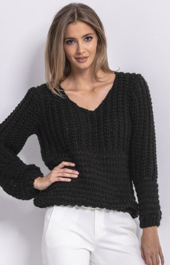 Oversizowy sweter z grubym splotem czarny F760