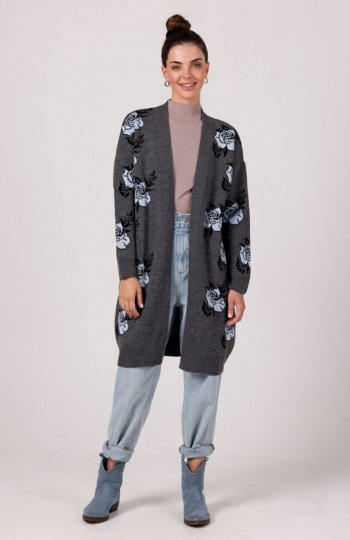 Be Knit BK102 długi kardigan w róże grafitowy 