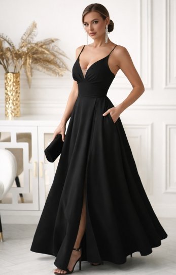 Czarna balowa długa sukienka z rocięciem i sznurowaniem 