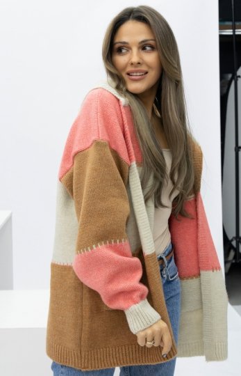 Oversizowy kardigan z kapturem i kieszeniami karmelowy Brune