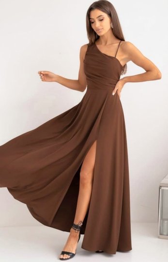 Duet Monako asymetryczna długa sukienka z wiązaniem czekolada