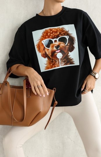 Oversizowy T-shirt z nadrukiem psa Maltipoo czarny