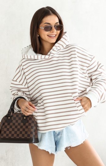 Bluza damska z kapturem w paski beż