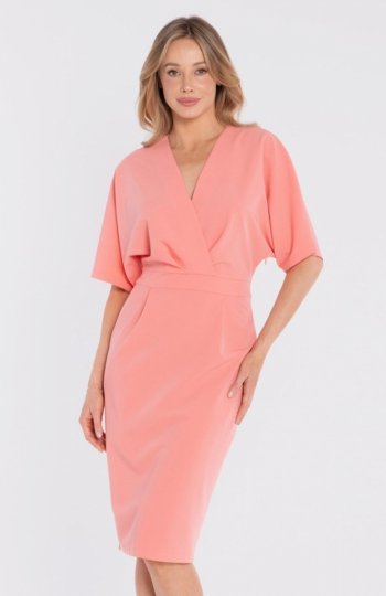 Stylove S434 sukienka midi z kopertowym dekoltem łososiowa 