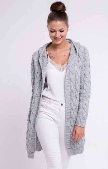 Setin długi szary kardigan z kapturem GLORIA szary