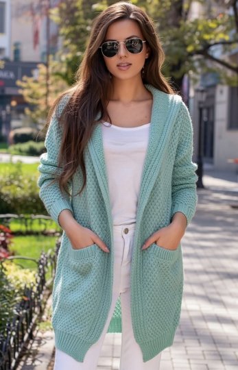 Kardigan damski Flora - miękki sweter oversize z kapturem miętowy