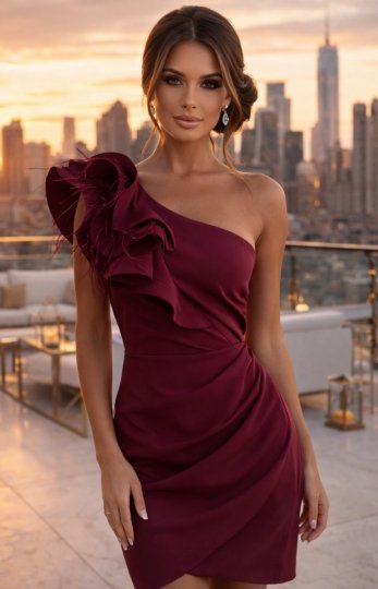 Bicotone mini sukienka na jedno ramię z piórkami bordowa