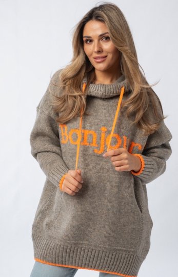 Luźny sweter damski typu bluza z kapturem Bonjour mocca