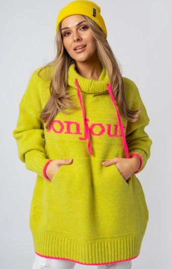 Luźny sweter damski typu bluza z kapturem Bonjour lime