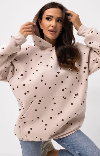 Oversizowa bluza damska z kapturem kropeczki beżowa