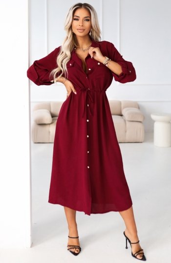 Numoco 651-2 szmizjerka - koszulowa sukienka midi z guzikami i paskiem 