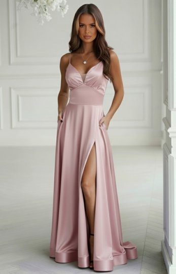 Połyskująca długa suknia wieczorowa z wiązaniem gorsetowym róż