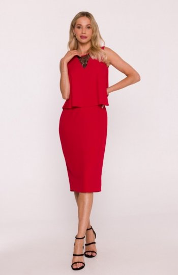 Stylove S422 sukienka ze wstawką z koronki czerwona 