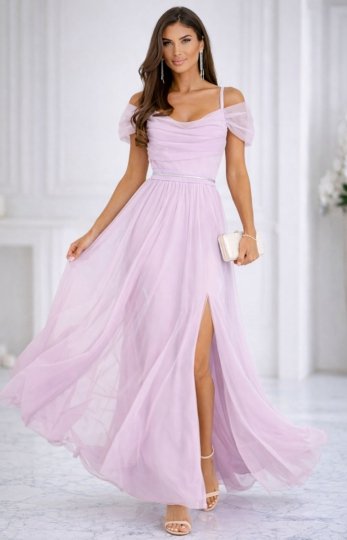 Sukienka wieczorowa lila z rozcięciem i odkrytymi ramionami