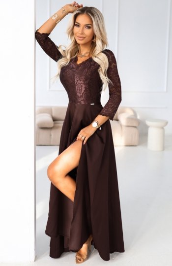 Numoco 309-14 AMBER elegancka długa koronkowa suknia z dekoltem 