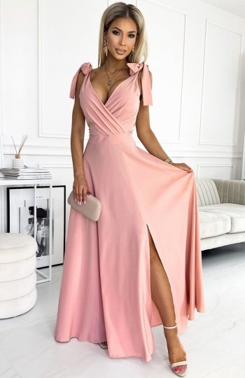 Numoco 405-3 ELENA długa suknia z dekoltem i wiązaniami na ramionach 