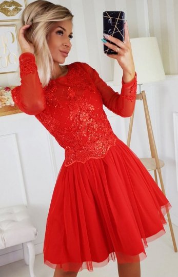 Czerwona sukienka z tiulową spódnicą 2194-02