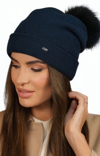 Wełniana czapka damska z pomponem Chiru granatowa