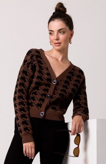 Be Knit BK104 krótki kardigan we wzór pepitka brązowy 