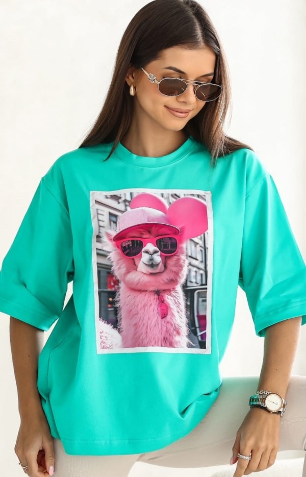 Oversizowy t-shirt damski lama zielony