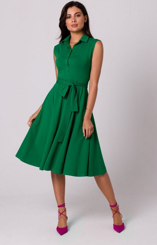 Bewear B261 rozkloszowana bawełniana sukienka zielona-1