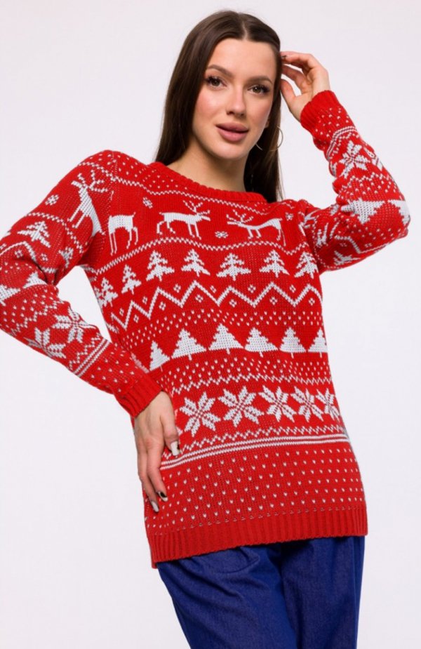 Świąteczny sweter o prostym fasonie czerwony MXS09 