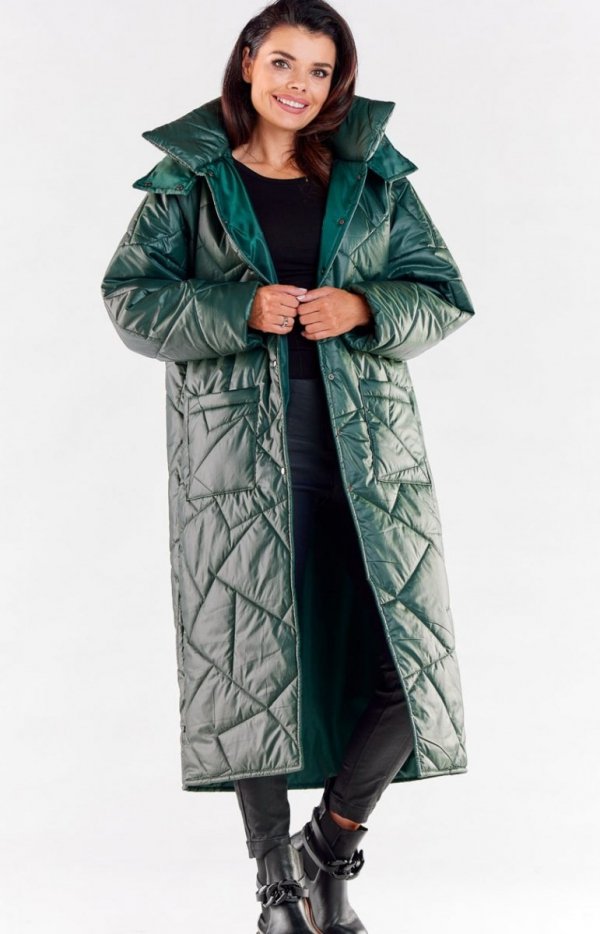 Oversizowy pikowany płaszcz zielony A541-1