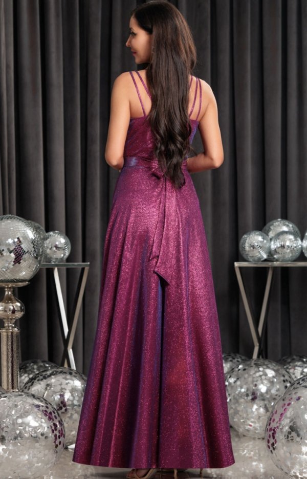 Brokatowa długa sukienka wieczorowa Marina fuksja tył