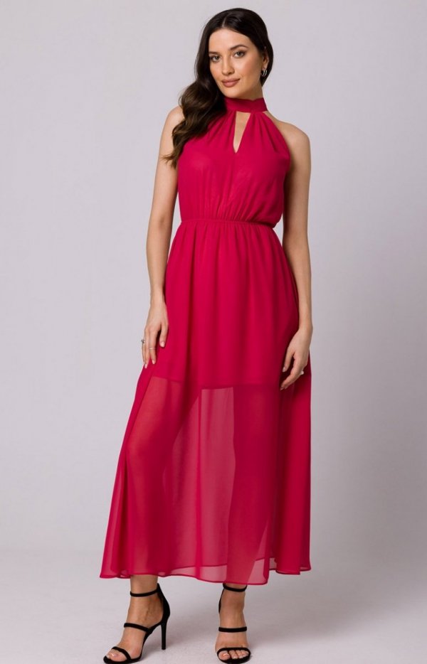 Makover K169 szyfonowa sukienka maxi różowa