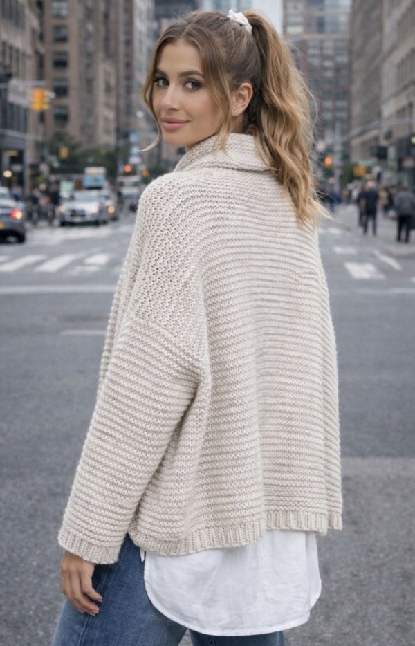 Beżowy sweter damski oversize z szerokim golfem stylizacja z wełną i alpaką tył